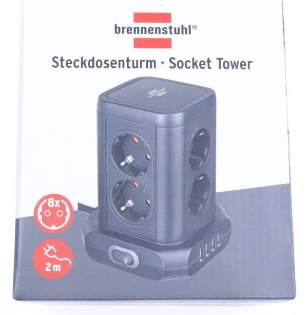 1153560000 WANDCONTACTDOOS TOREN 8VOUDIG MET 4X USB ZWART 2M H05VV-F3G1.5